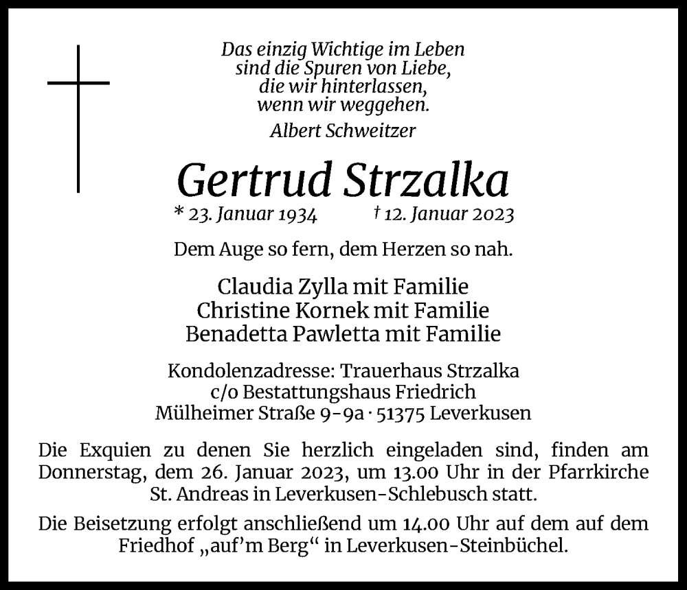  Traueranzeige für Gertrud Strzalka vom 21.01.2023 aus Kölner Stadt-Anzeiger / Kölnische Rundschau / Express