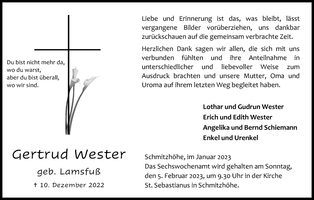  Traueranzeige für Gertrud Wester vom 28.01.2023 aus Kölner Stadt-Anzeiger / Kölnische Rundschau / Express