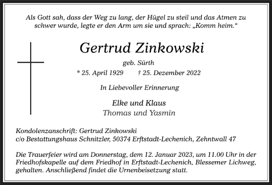 Anzeige von Gertrud Zinkowski von  Werbepost 