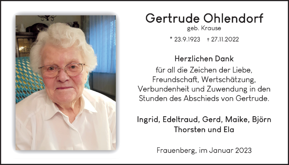  Traueranzeige für Gertrude Ohlendorf vom 07.01.2023 aus  Blickpunkt Euskirchen 