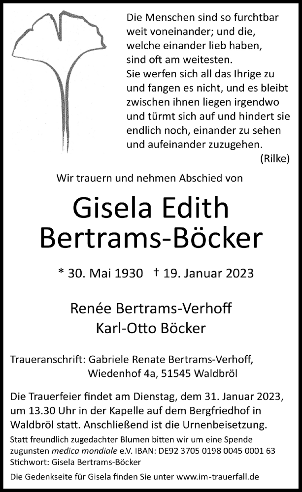  Traueranzeige für Gisela Bertrams-Böcker vom 27.01.2023 aus  Lokalanzeiger 