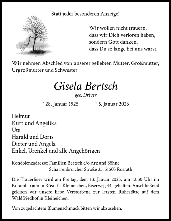 Anzeige von Gisela Bertsch von Kölner Stadt-Anzeiger / Kölnische Rundschau / Express