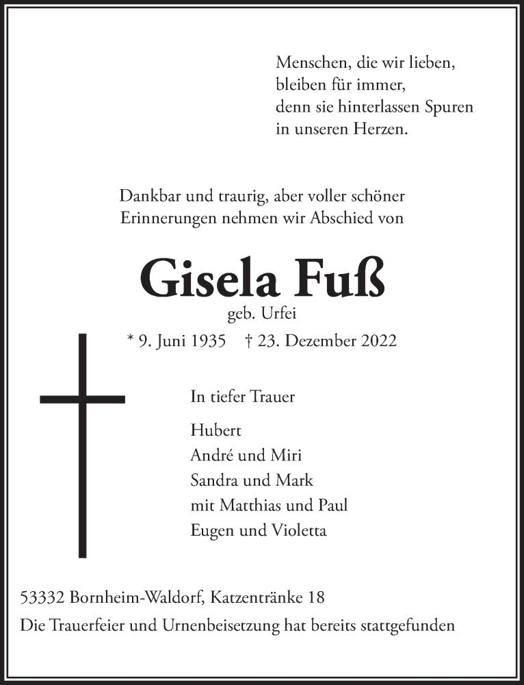  Traueranzeige für Gisela Fuß vom 20.01.2023 aus  Schaufenster/Blickpunkt 