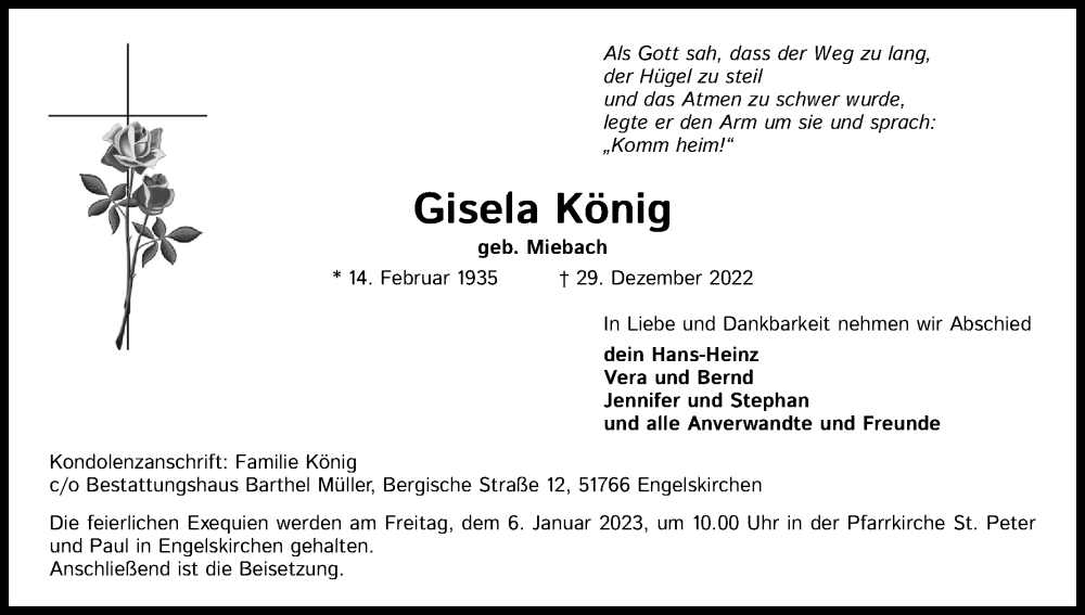  Traueranzeige für Gisela König vom 04.01.2023 aus Kölner Stadt-Anzeiger / Kölnische Rundschau / Express