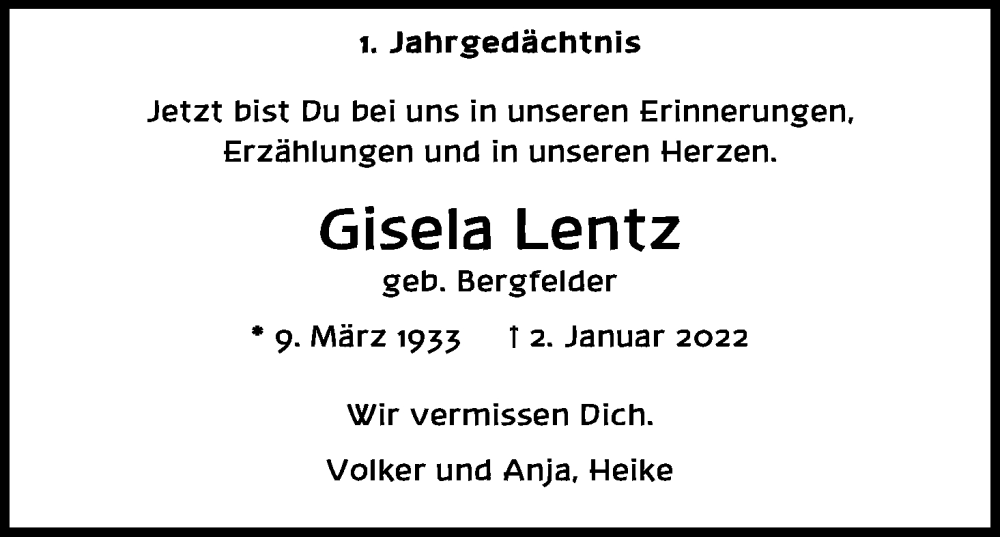  Traueranzeige für Gisela Lentz vom 07.01.2023 aus Kölner Stadt-Anzeiger / Kölnische Rundschau / Express