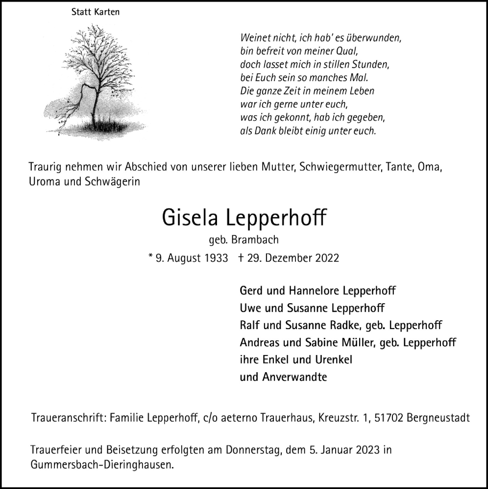  Traueranzeige für Gisela Lepperhoff vom 06.01.2023 aus  Anzeigen Echo 