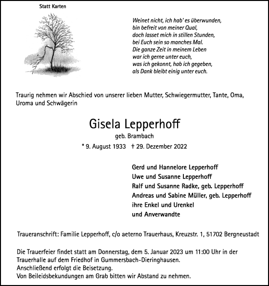 Anzeige von Gisela Lepperhoff von Kölner Stadt-Anzeiger / Kölnische Rundschau / Express