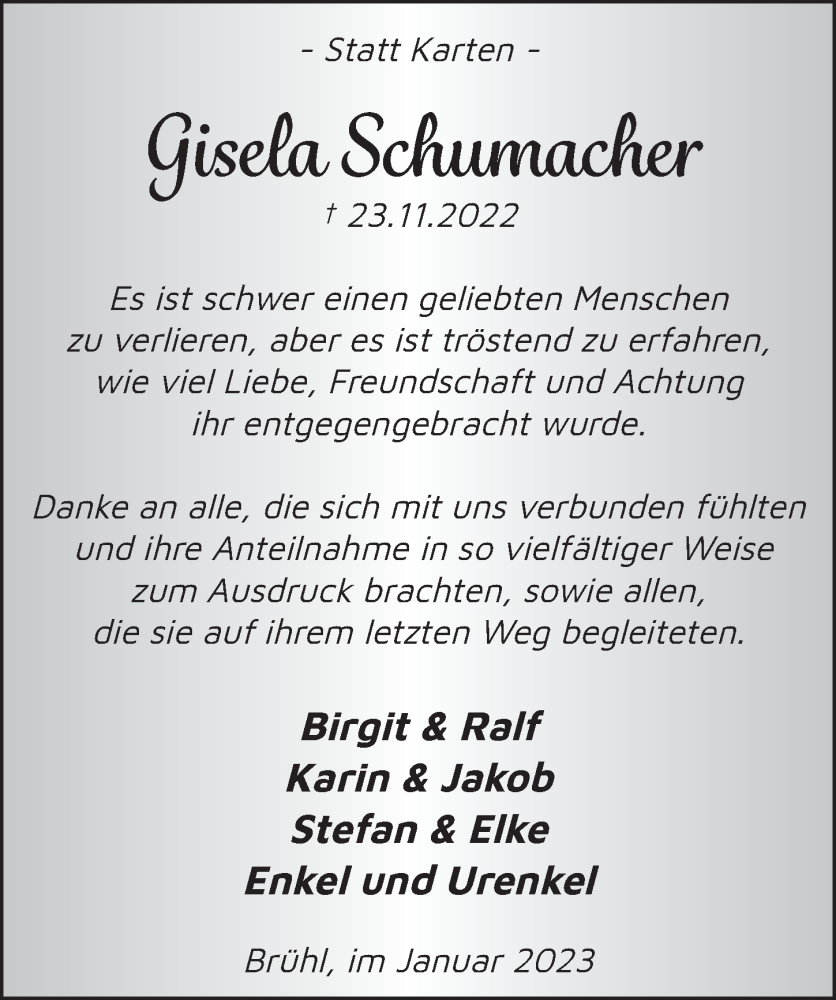  Traueranzeige für Gisela Schumacher vom 06.01.2023 aus  Schlossbote/Werbekurier 