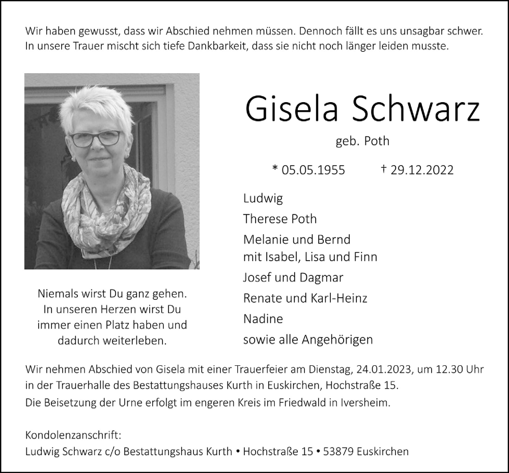  Traueranzeige für Gisela Schwarz vom 14.01.2023 aus  Blickpunkt Euskirchen 