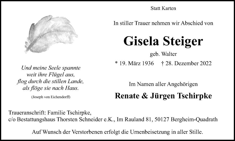  Traueranzeige für Gisela Steiger vom 07.01.2023 aus Kölner Stadt-Anzeiger / Kölnische Rundschau / Express