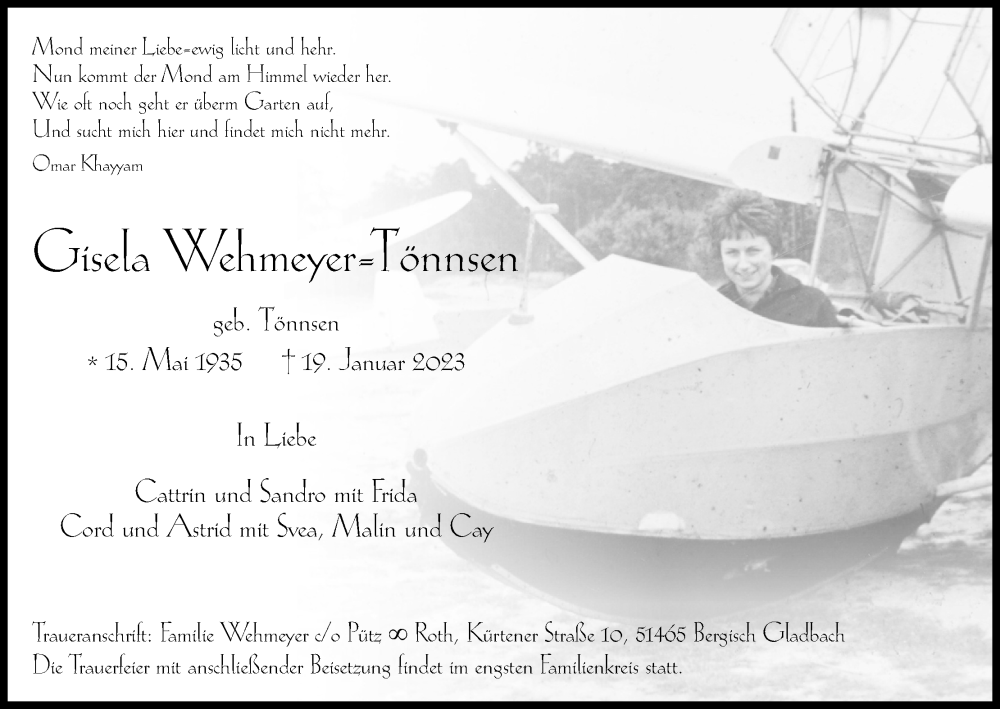  Traueranzeige für Gisela Wehmeyer-Tönnsen vom 28.01.2023 aus Kölner Stadt-Anzeiger / Kölnische Rundschau / Express