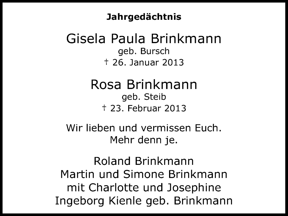  Traueranzeige für Gisela Paula Brinkmann vom 18.07.2023 aus Kölner Stadt-Anzeiger / Kölnische Rundschau / Express
