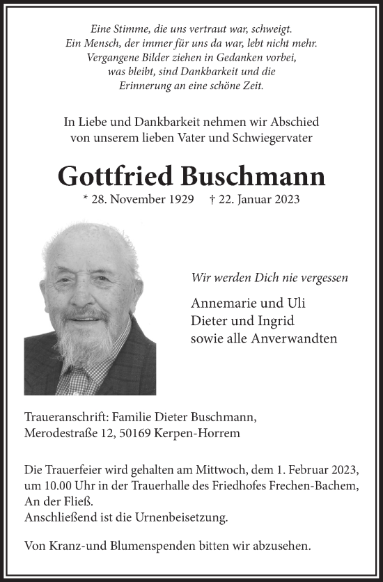 Anzeige von Gottfried Buschmann von  Wochenende 