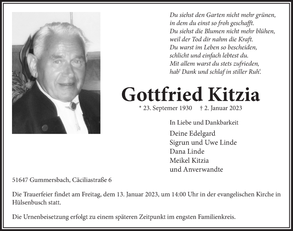  Traueranzeige für Gottfried Kitzia vom 06.01.2023 aus  Anzeigen Echo 