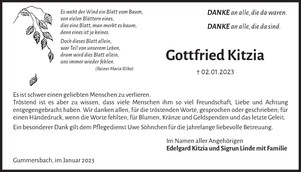  Traueranzeige für Gottfried Kitzia vom 27.01.2023 aus  Anzeigen Echo 