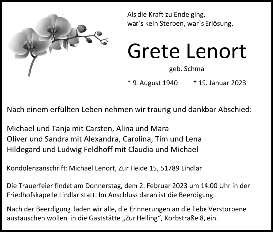 Anzeige von Grete Lenort von Kölner Stadt-Anzeiger / Kölnische Rundschau / Express