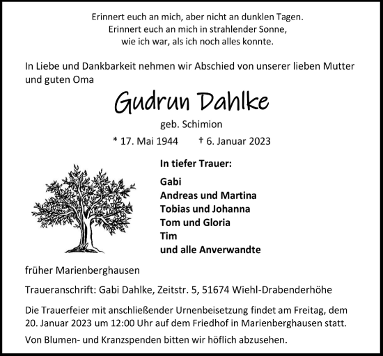 Anzeige von Gudrun Dahlke von  Lokalanzeiger 