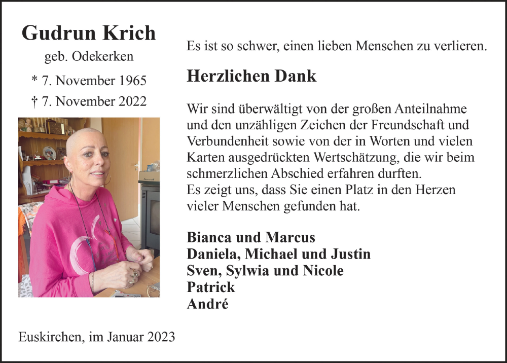  Traueranzeige für Gudrun Krich vom 07.01.2023 aus  Blickpunkt Euskirchen 