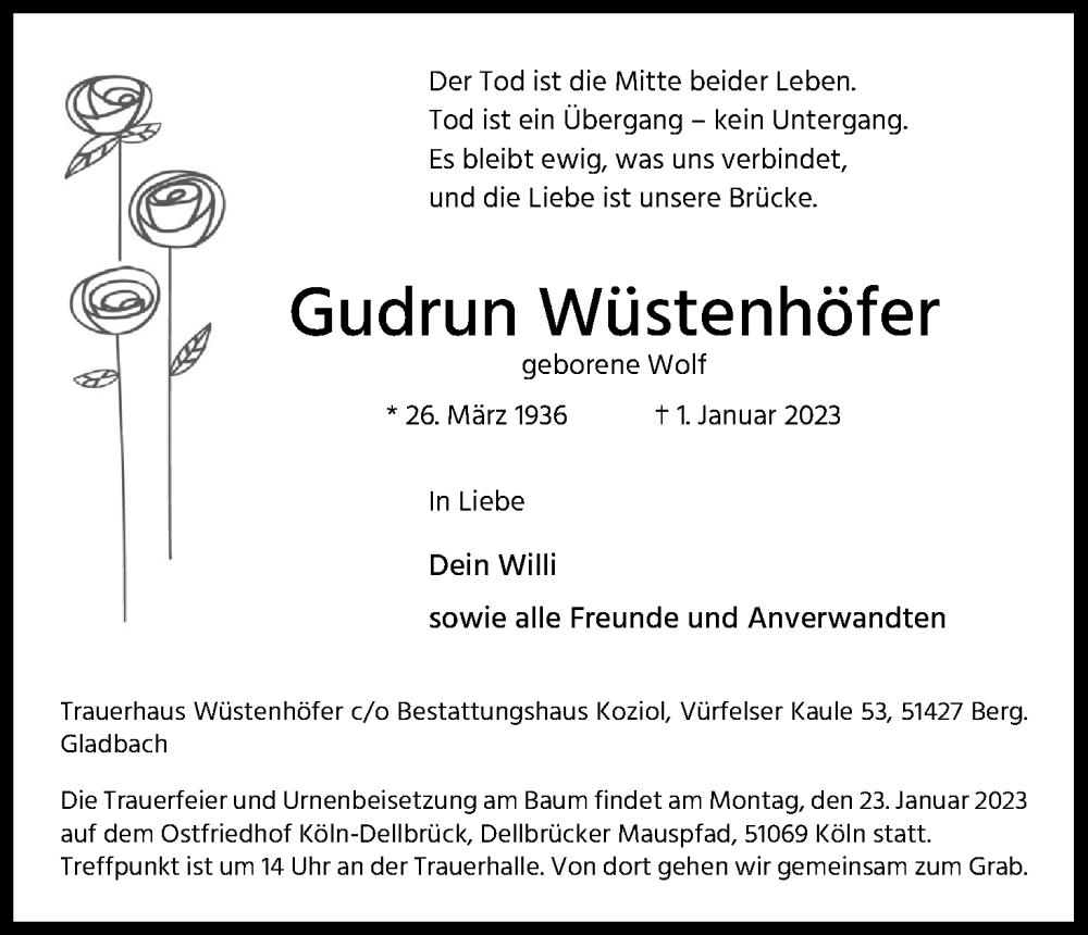  Traueranzeige für Gudrun Wüstenhöfer vom 14.01.2023 aus Kölner Stadt-Anzeiger / Kölnische Rundschau / Express