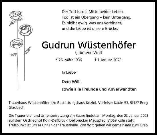Anzeige von Gudrun Wüstenhöfer von Kölner Stadt-Anzeiger / Kölnische Rundschau / Express