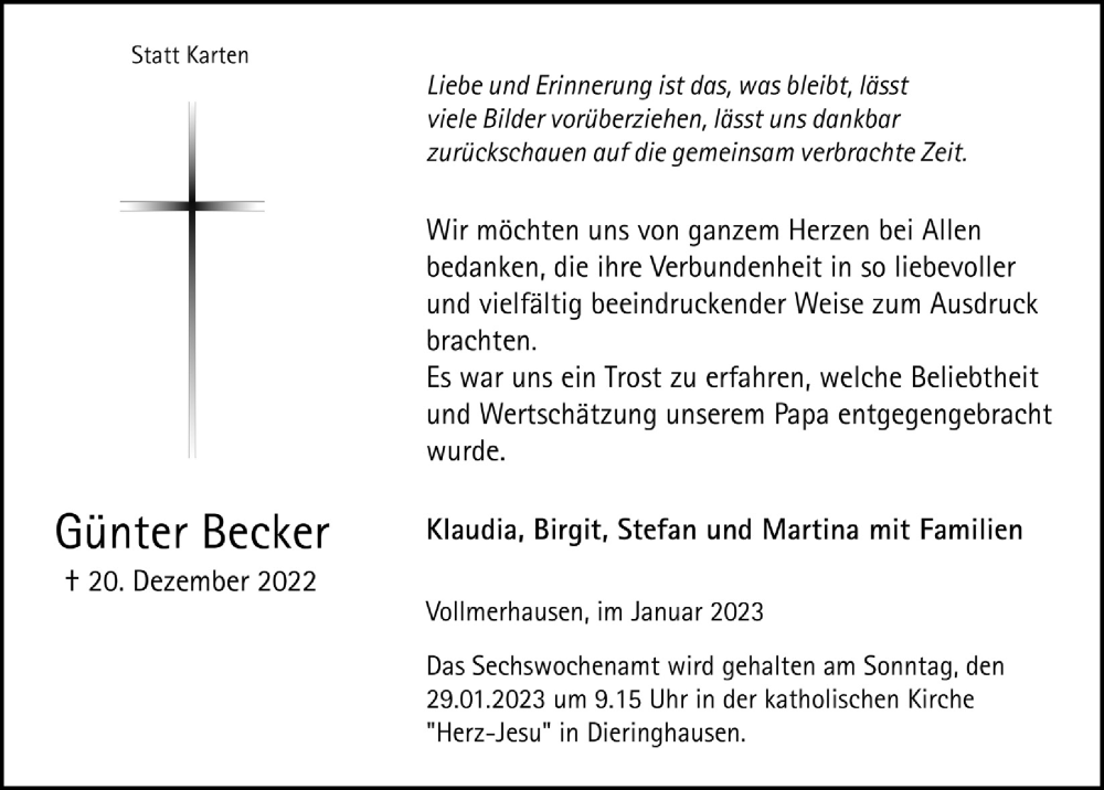  Traueranzeige für Günter Becker vom 20.01.2023 aus  Anzeigen Echo 