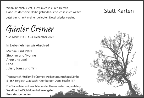 Anzeige von Günter Cremer von  Bergisches Handelsblatt 
