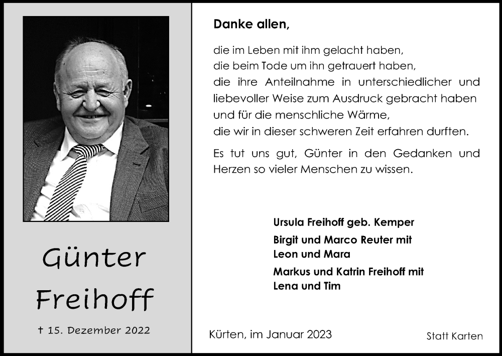  Traueranzeige für Günter Freihoff vom 21.01.2023 aus Kölner Stadt-Anzeiger / Kölnische Rundschau / Express