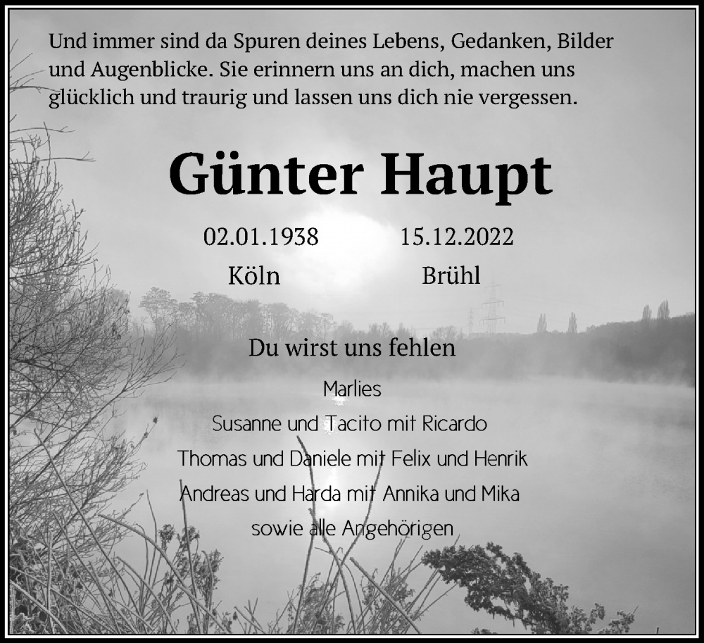  Traueranzeige für Günter Haupt vom 07.01.2023 aus Kölner Stadt-Anzeiger / Kölnische Rundschau / Express