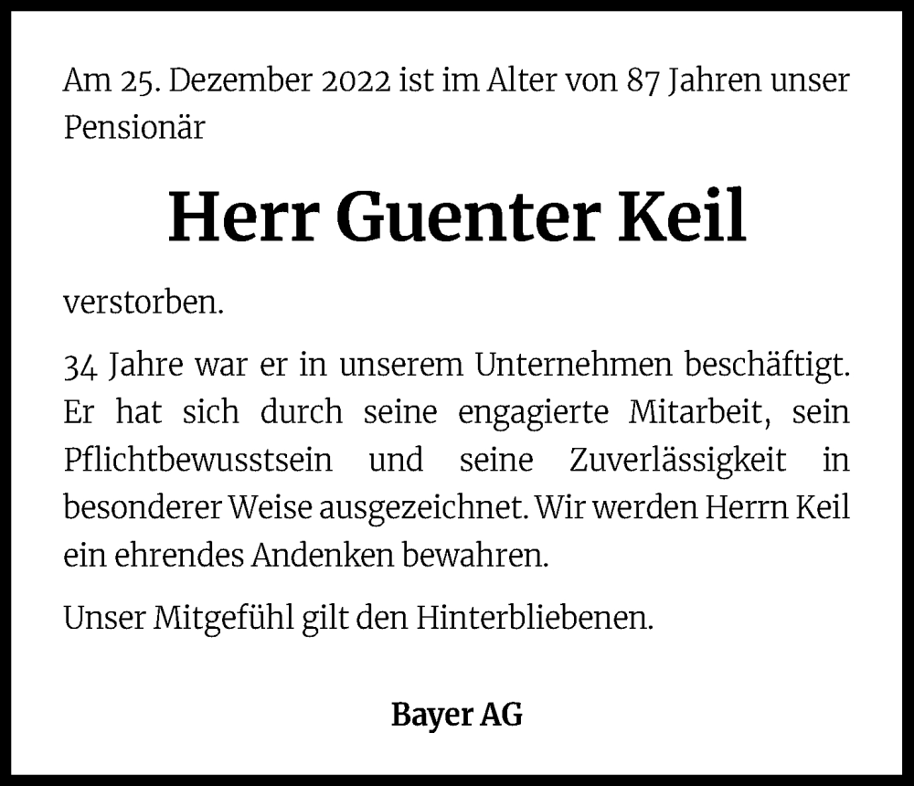  Traueranzeige für Guenter Keil vom 09.01.2023 aus Kölner Stadt-Anzeiger / Kölnische Rundschau / Express