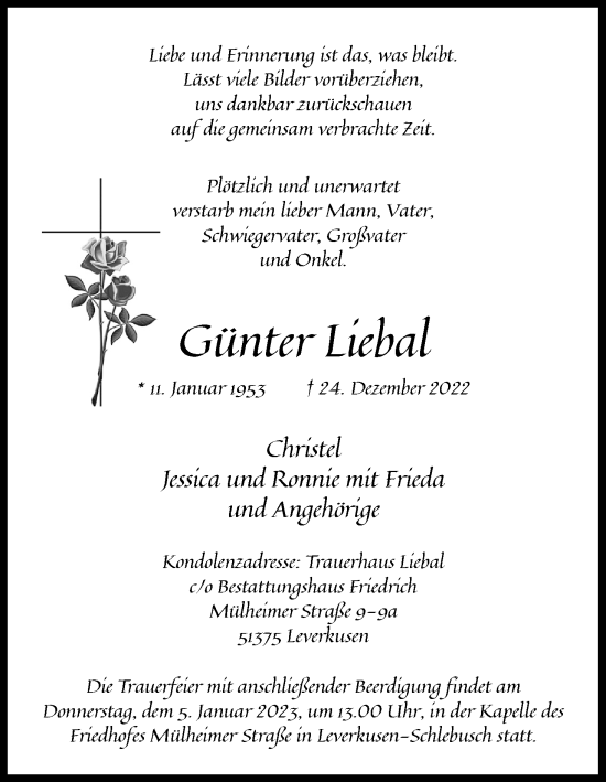 Anzeige von Günter Liebal von Kölner Stadt-Anzeiger / Kölnische Rundschau / Express