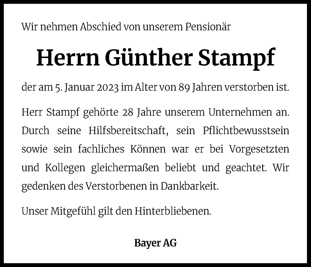  Traueranzeige für Günther Stampf vom 20.01.2023 aus Kölner Stadt-Anzeiger / Kölnische Rundschau / Express