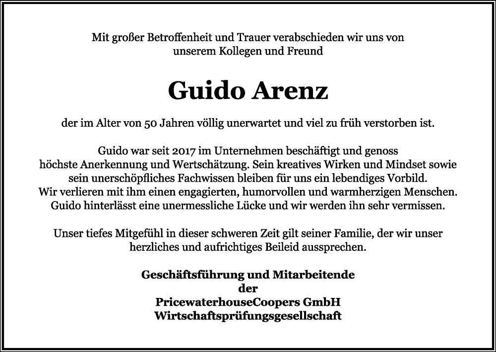  Traueranzeige für Guido Arenz vom 28.01.2023 aus Kölner Stadt-Anzeiger / Kölnische Rundschau / Express