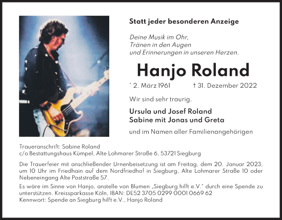 Anzeige von Hanjo Roland von Kölner Stadt-Anzeiger / Kölnische Rundschau / Express