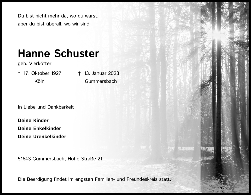  Traueranzeige für Hanne Schuster vom 21.01.2023 aus Kölner Stadt-Anzeiger / Kölnische Rundschau / Express