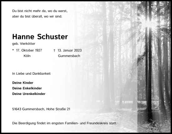 Anzeige von Hanne Schuster von Kölner Stadt-Anzeiger / Kölnische Rundschau / Express