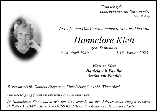 Anzeige von Hannelore Klett von Kölner Stadt-Anzeiger / Kölnische Rundschau / Express
