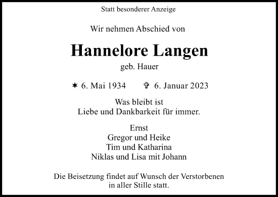 Anzeige von Hannelore Langen von Kölner Stadt-Anzeiger / Kölnische Rundschau / Express