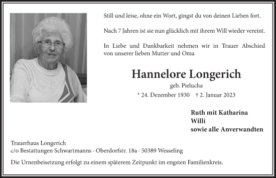 Anzeige von Hannelore Longerich von  Schlossbote/Werbekurier 