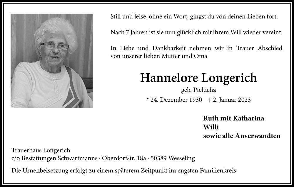  Traueranzeige für Hannelore Longerich vom 14.01.2023 aus Kölner Stadt-Anzeiger / Kölnische Rundschau / Express