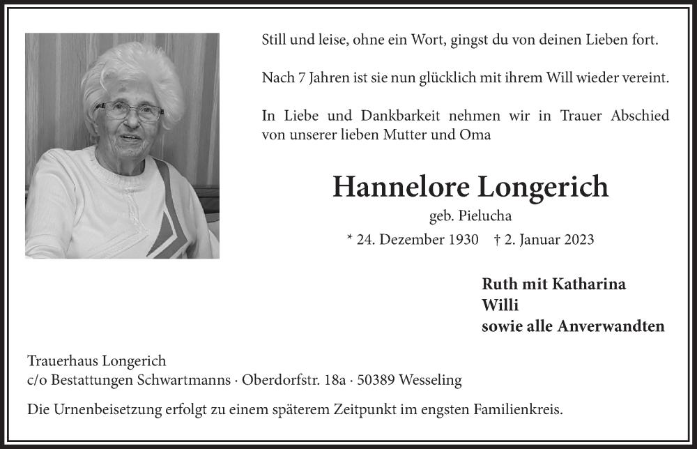  Traueranzeige für Hannelore Longerich vom 13.01.2023 aus  Schlossbote/Werbekurier 