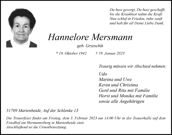 Anzeige von Hannelore Mersmann von  Anzeigen Echo 
