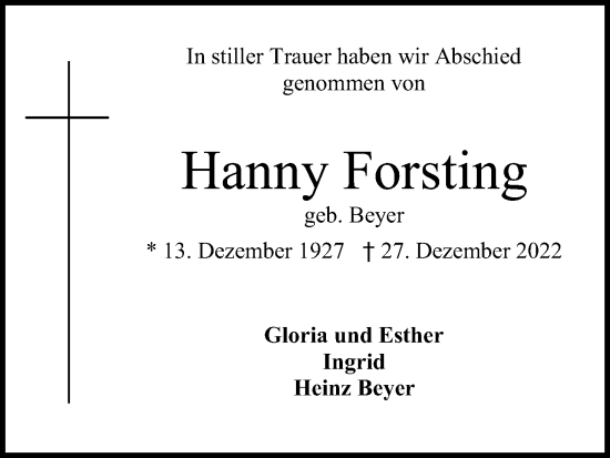 Anzeige von Hanny Forsting von Kölner Stadt-Anzeiger / Kölnische Rundschau / Express
