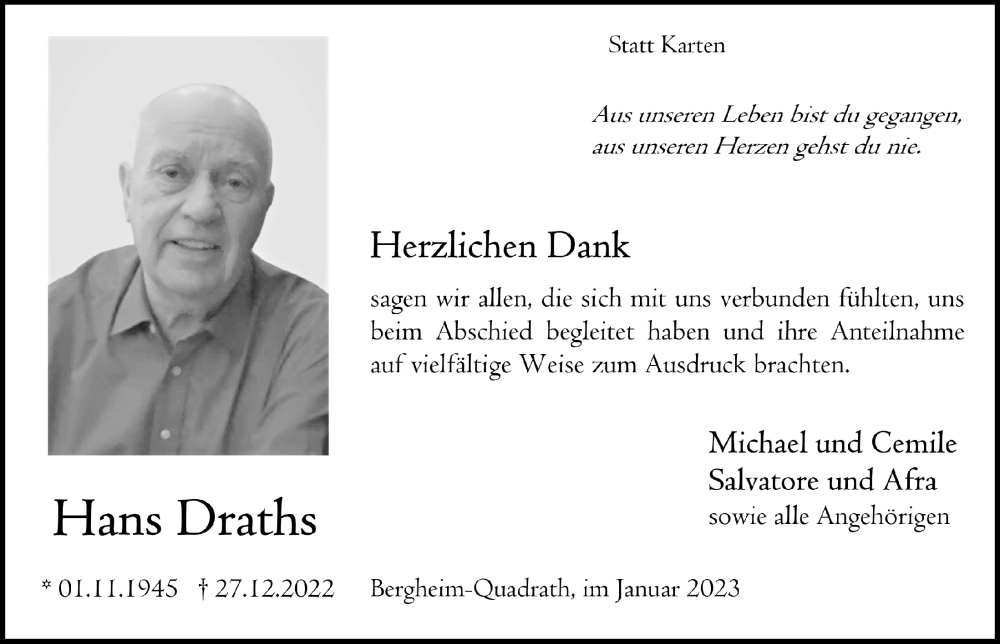  Traueranzeige für Hans Draths vom 27.01.2023 aus  Werbepost 