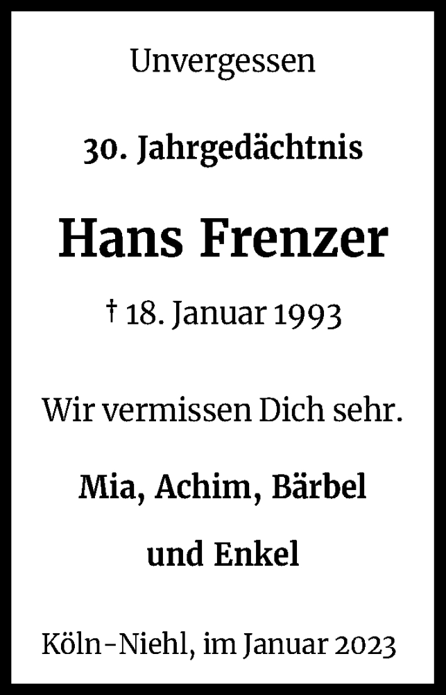  Traueranzeige für Hans Frenzer vom 18.07.2023 aus Kölner Stadt-Anzeiger / Kölnische Rundschau / Express