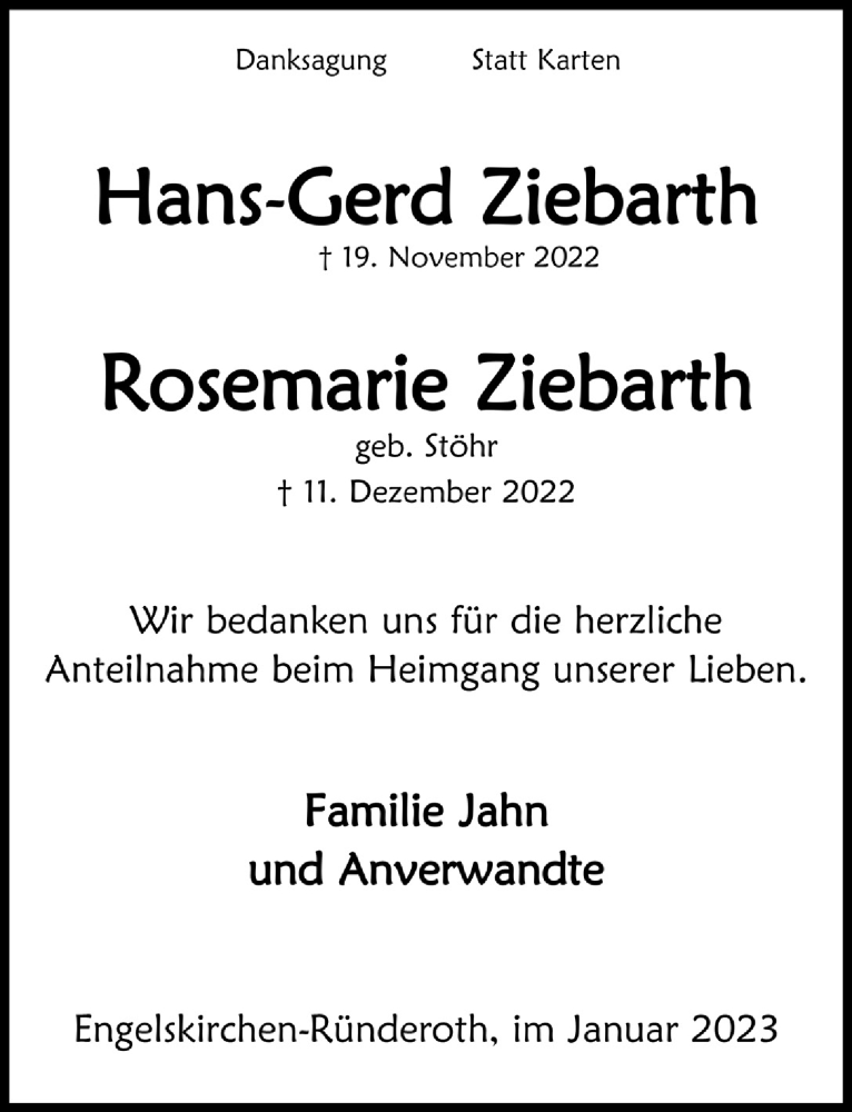  Traueranzeige für Hans-Gerd Ziebarth vom 27.01.2023 aus  Anzeigen Echo 