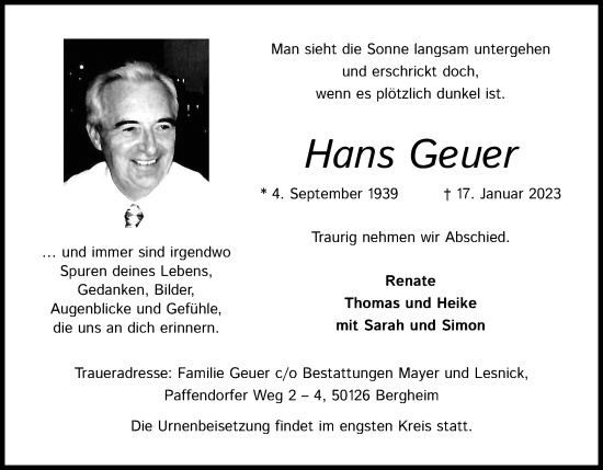 Anzeige von Hans Geuer von Kölner Stadt-Anzeiger / Kölnische Rundschau / Express