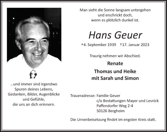 Anzeige von Hans Geuer von  Werbepost 