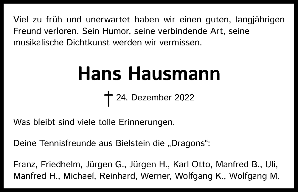  Traueranzeige für Hans Hausmann vom 03.01.2023 aus Kölner Stadt-Anzeiger / Kölnische Rundschau / Express