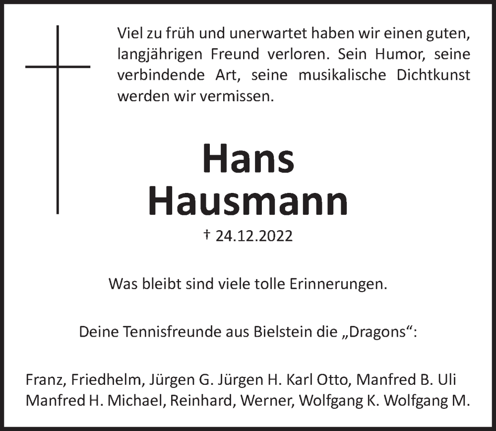  Traueranzeige für Hans Hausmann vom 06.01.2023 aus  Anzeigen Echo 