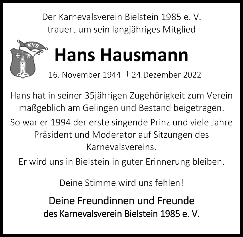  Traueranzeige für Hans Hausmann vom 06.01.2023 aus  Anzeigen Echo 